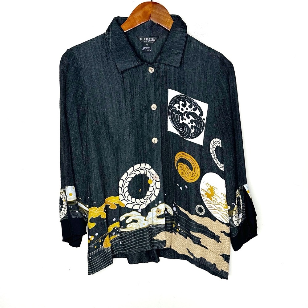 CITRON Santa Monica Silk Blend Asian Print Button Up Top Petite PS